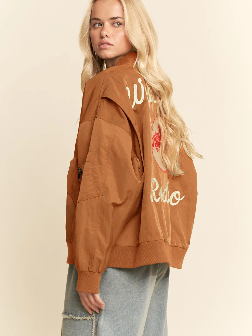 West Coast Rodeo Embroidered Bomber Jacket - BURNT ORANGE