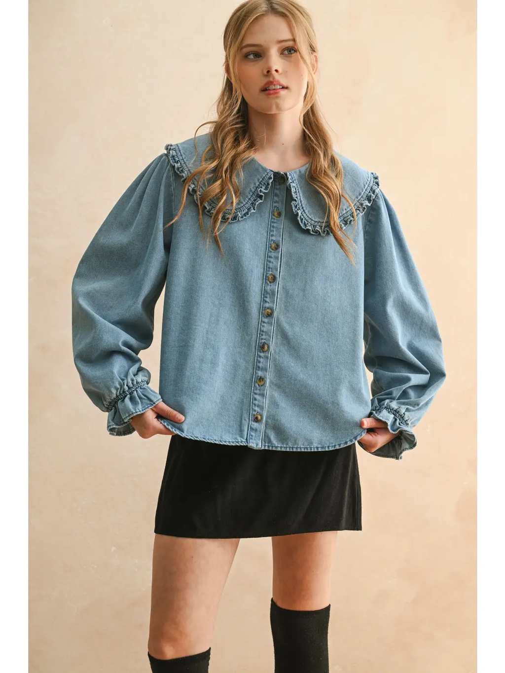 Ruffled Trim Collar Denim Shirt