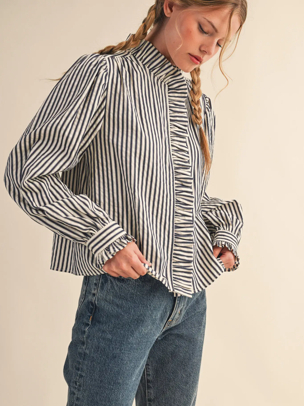 Striped Ruffled Button Down Long Sleeve Top - BLACK STRIPE