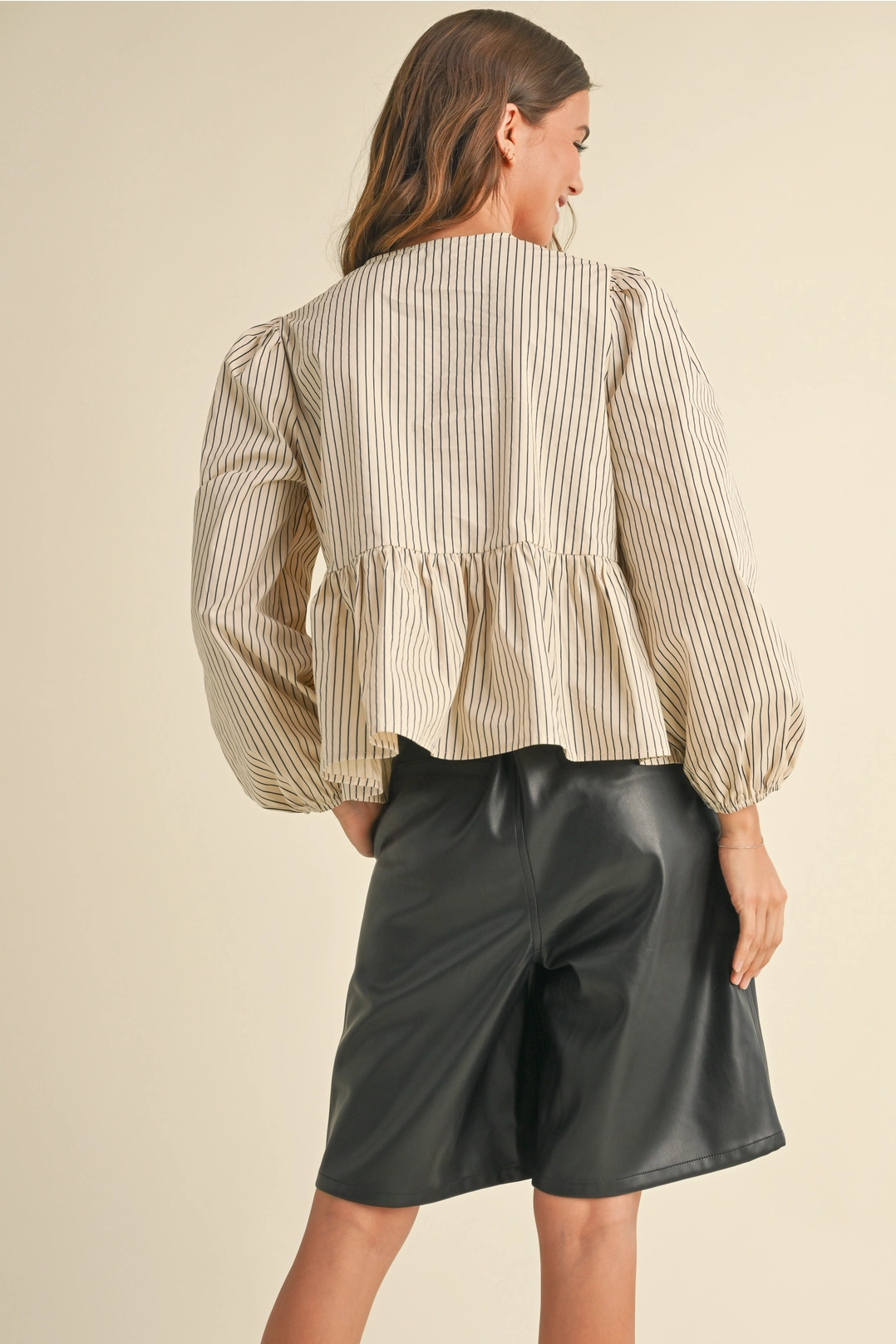 Striped Woven Blouse with Tie Front - Beige/Navy