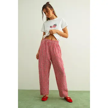 Gingham Pattern Elastic Band Waist Pants - RED/WHITE
