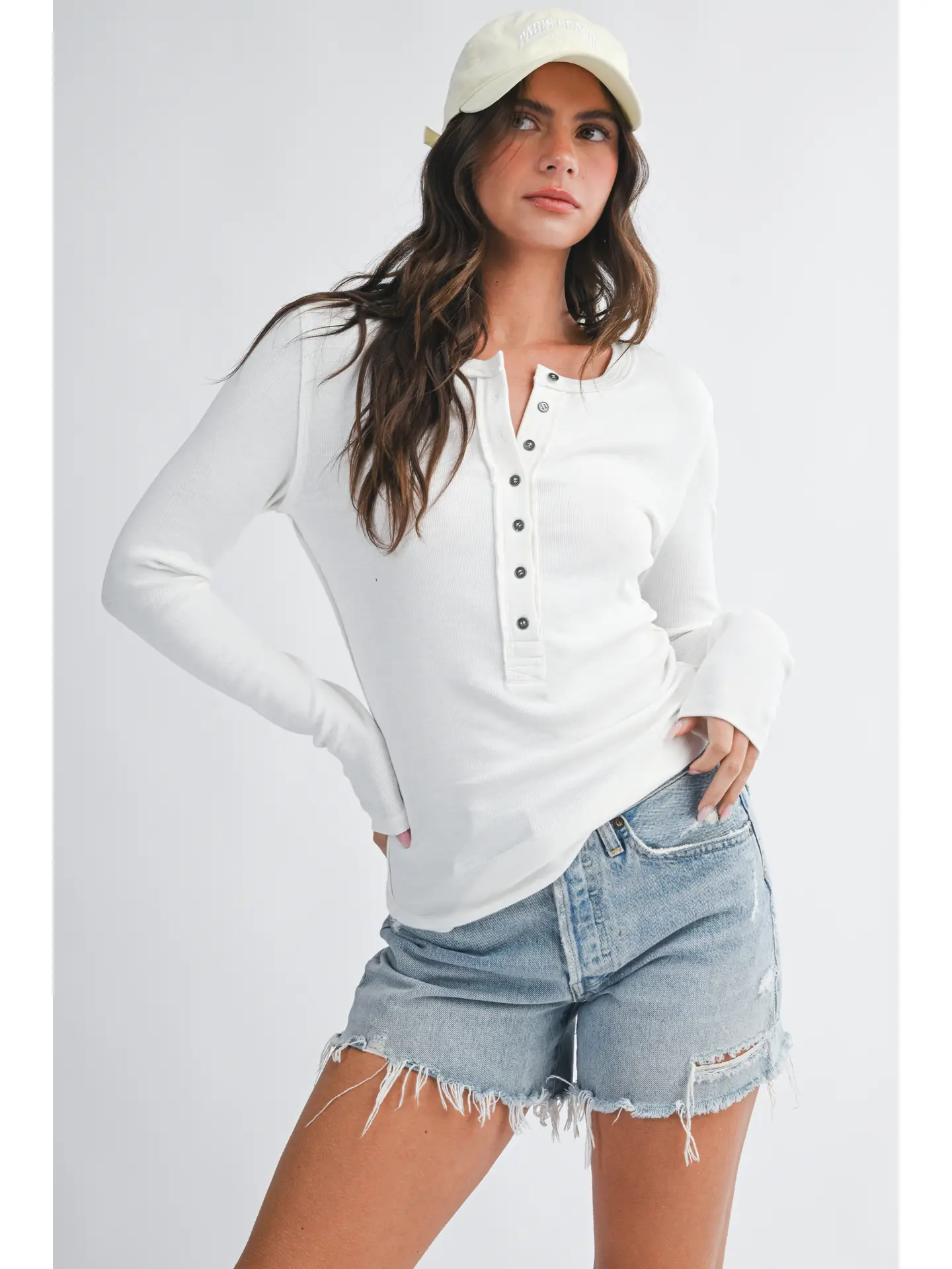 Henley Long Sleeve Top - WHITE