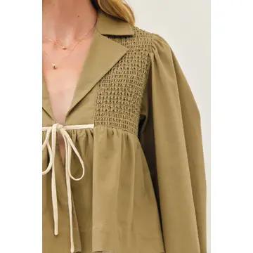Soft Linen Smocked Babydoll Open Front Blouse with Bow - Lt. Olive
