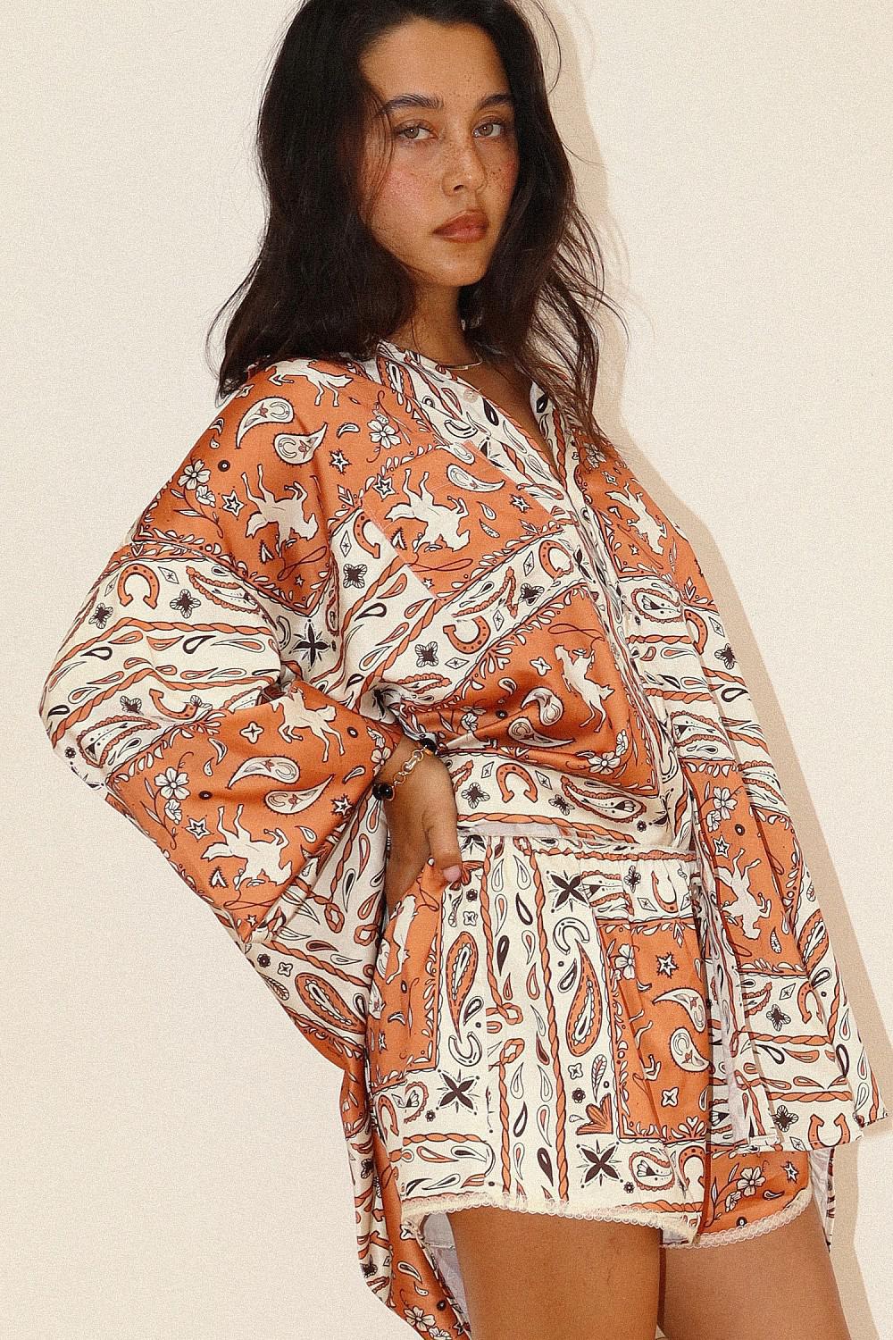 WESTERN BANDANA BUTTON-UP TOP - Burnt Orange