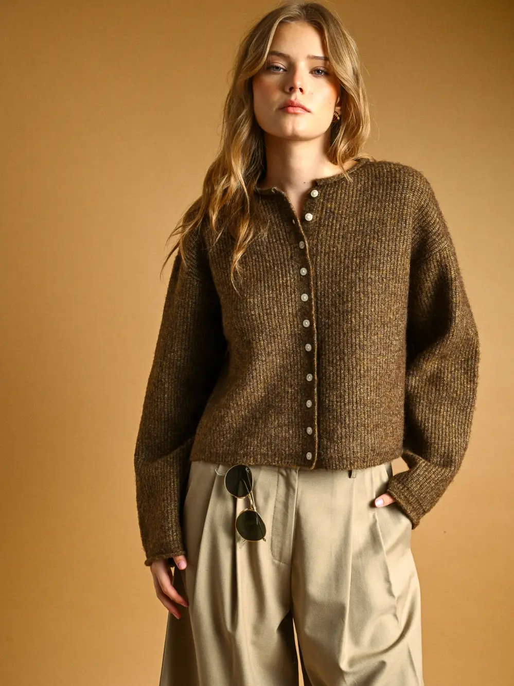 Button Front Ribbed Sweater Cardigan - BROWN
