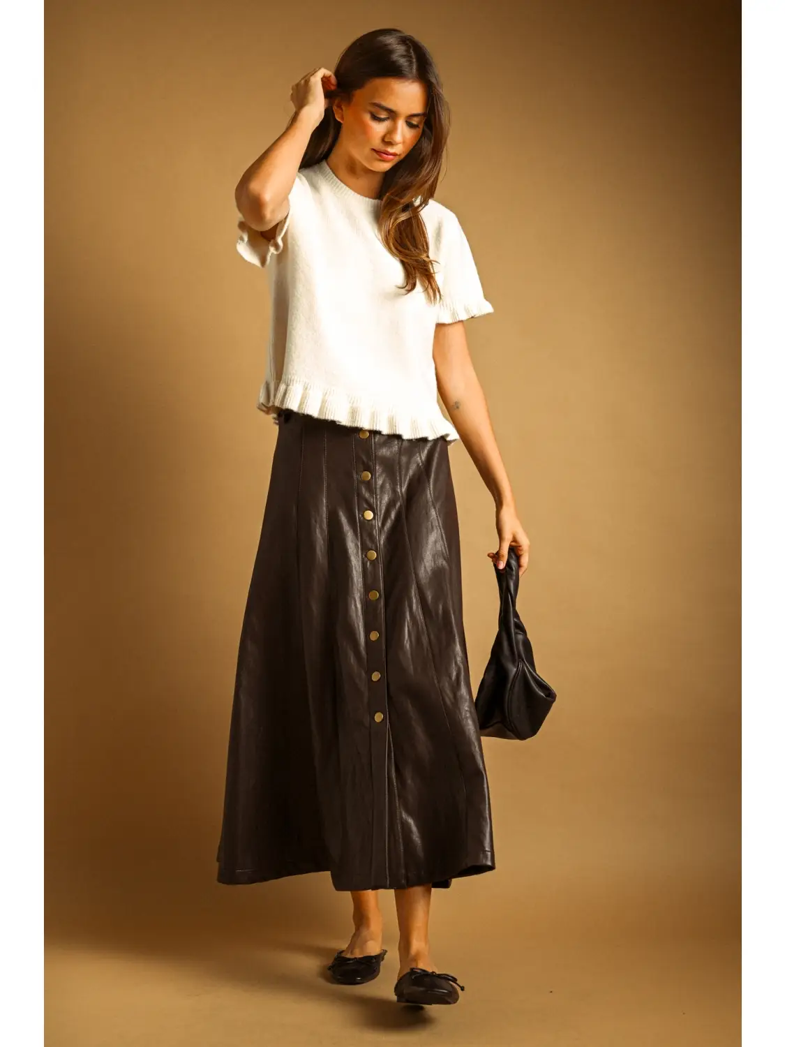 Faux Leather Button Front Long Skirt