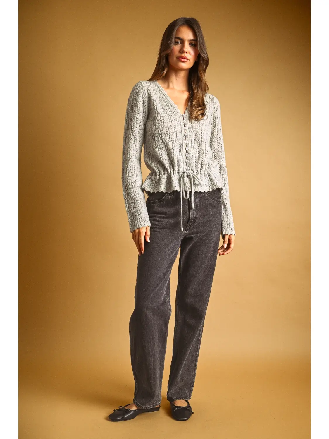 Lace Knit with Drawsting On Waist Knit Cardigan - LT GREY