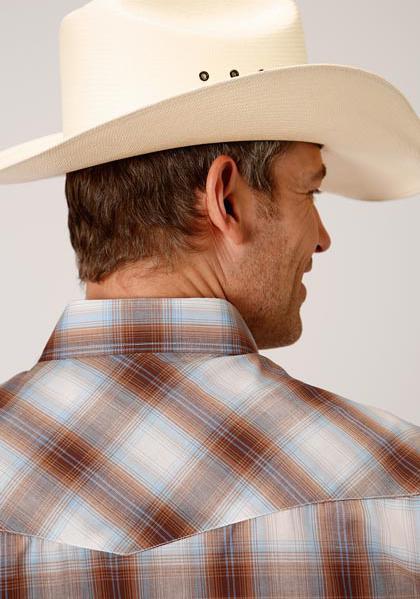 MENS S/S SHIRT SNAP WOVEN PLAID 01020 BUTTERSCOTCH, LT BU, & CREAM PLD 1-002-0101-3055