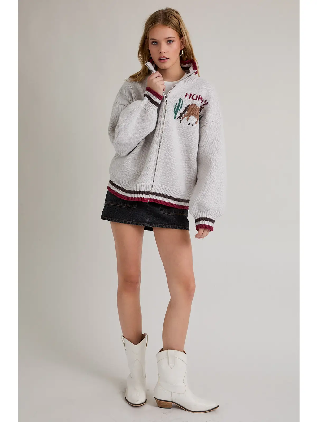Collared Howdy Cowgirl Graphic Sweater Jacket
