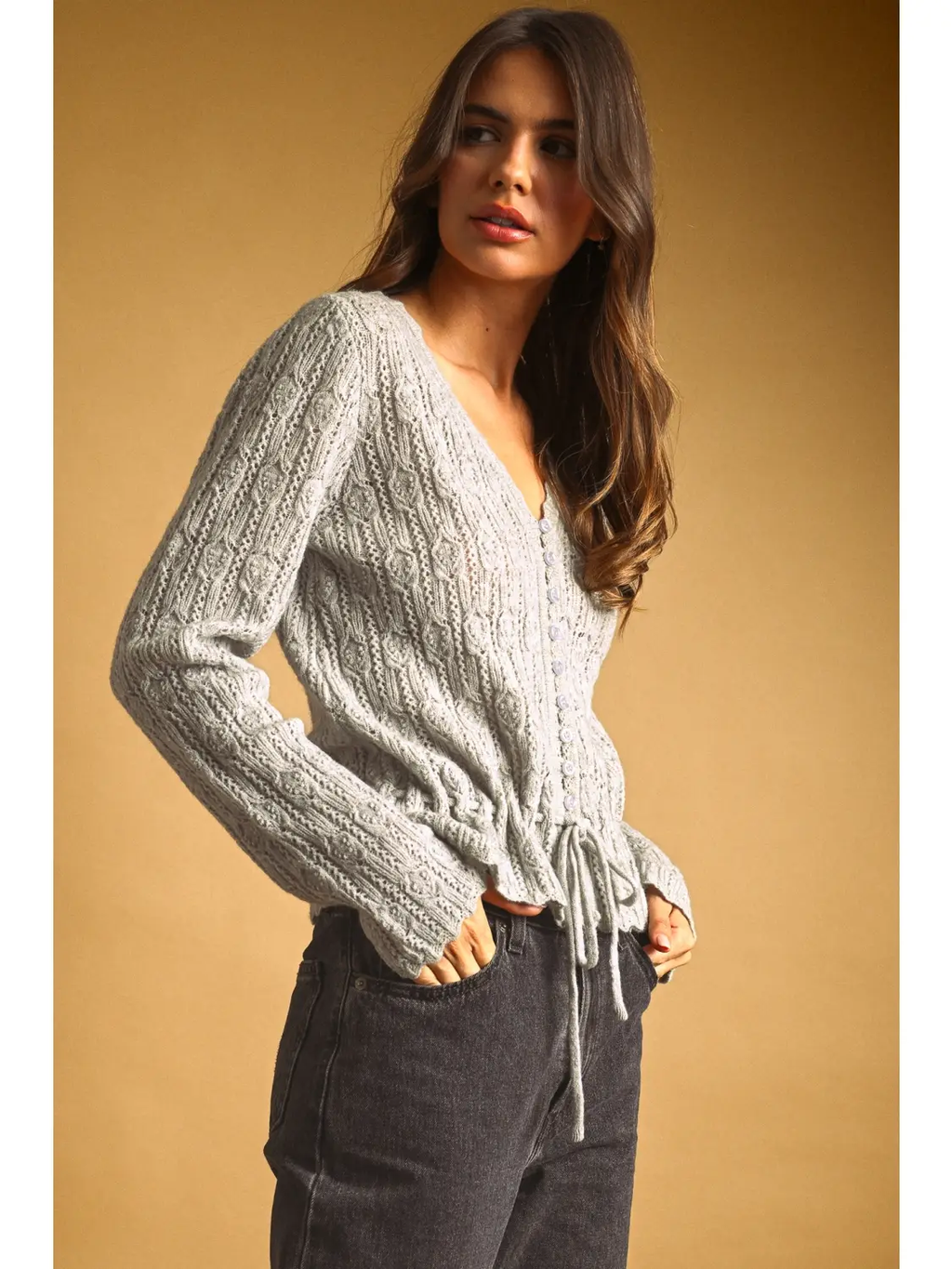 Lace Knit with Drawsting On Waist Knit Cardigan - LT GREY