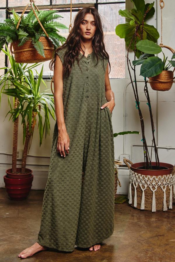Wide Leg Chess Board Textured Brushed Knit Jumpsuit - Olive