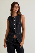 Button Front Sleeveless Denim Top - Washed Black