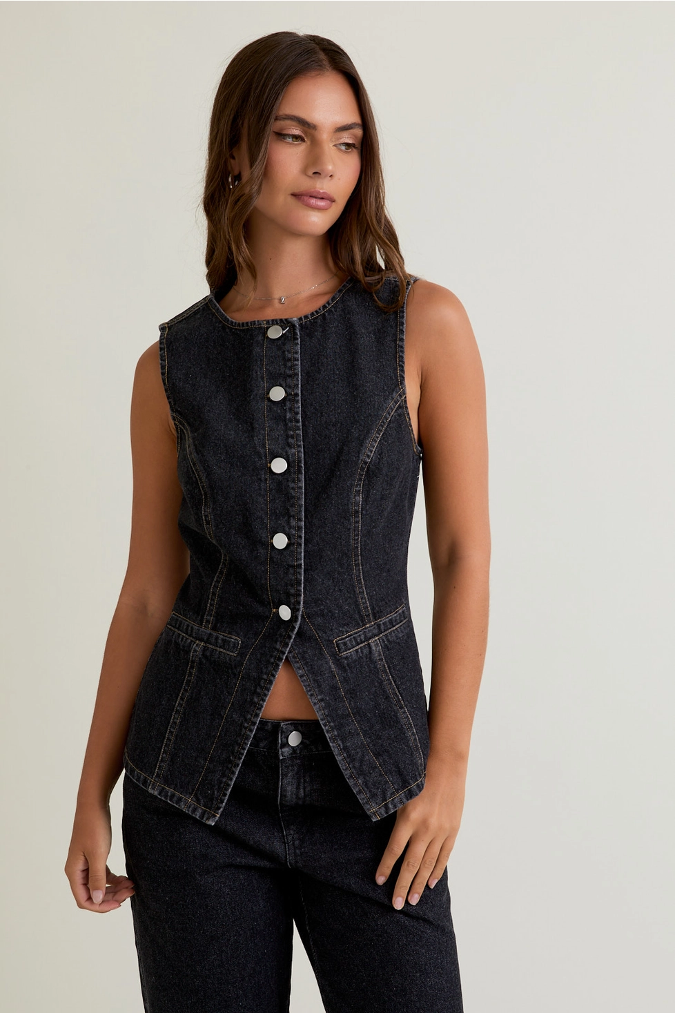 Button Front Sleeveless Denim Top - Washed Black