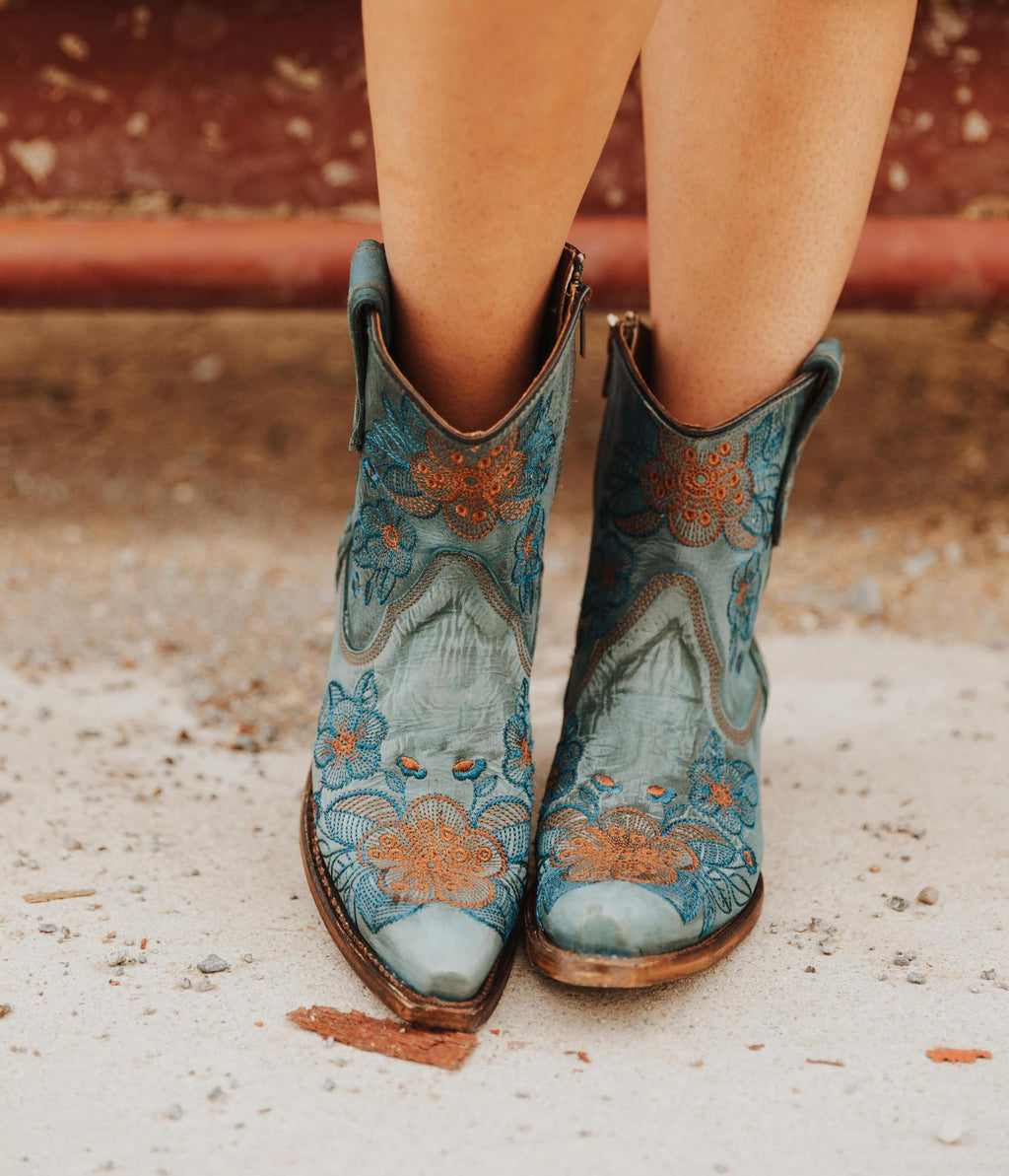 LD BLUE JEAN FLOWERED EMBROIDERY ANKLE BOOT L5874