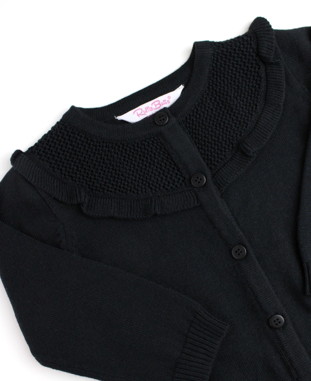Girls Black Sweater Knit Ruffle Trim Cardigan - Black
