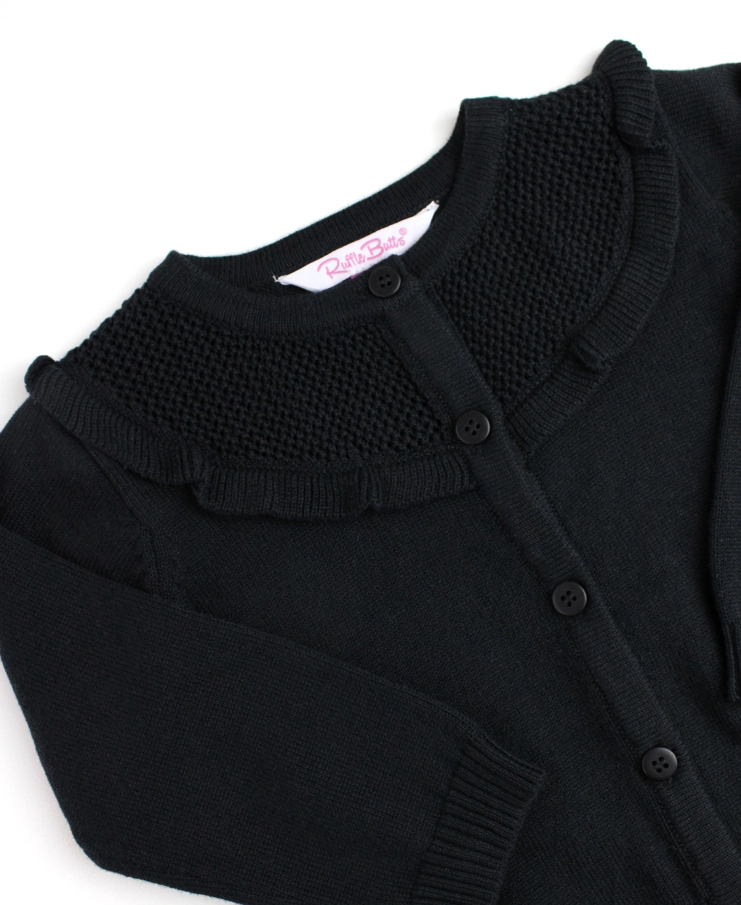 Girls Black Sweater Knit Ruffle Trim Cardigan - Black