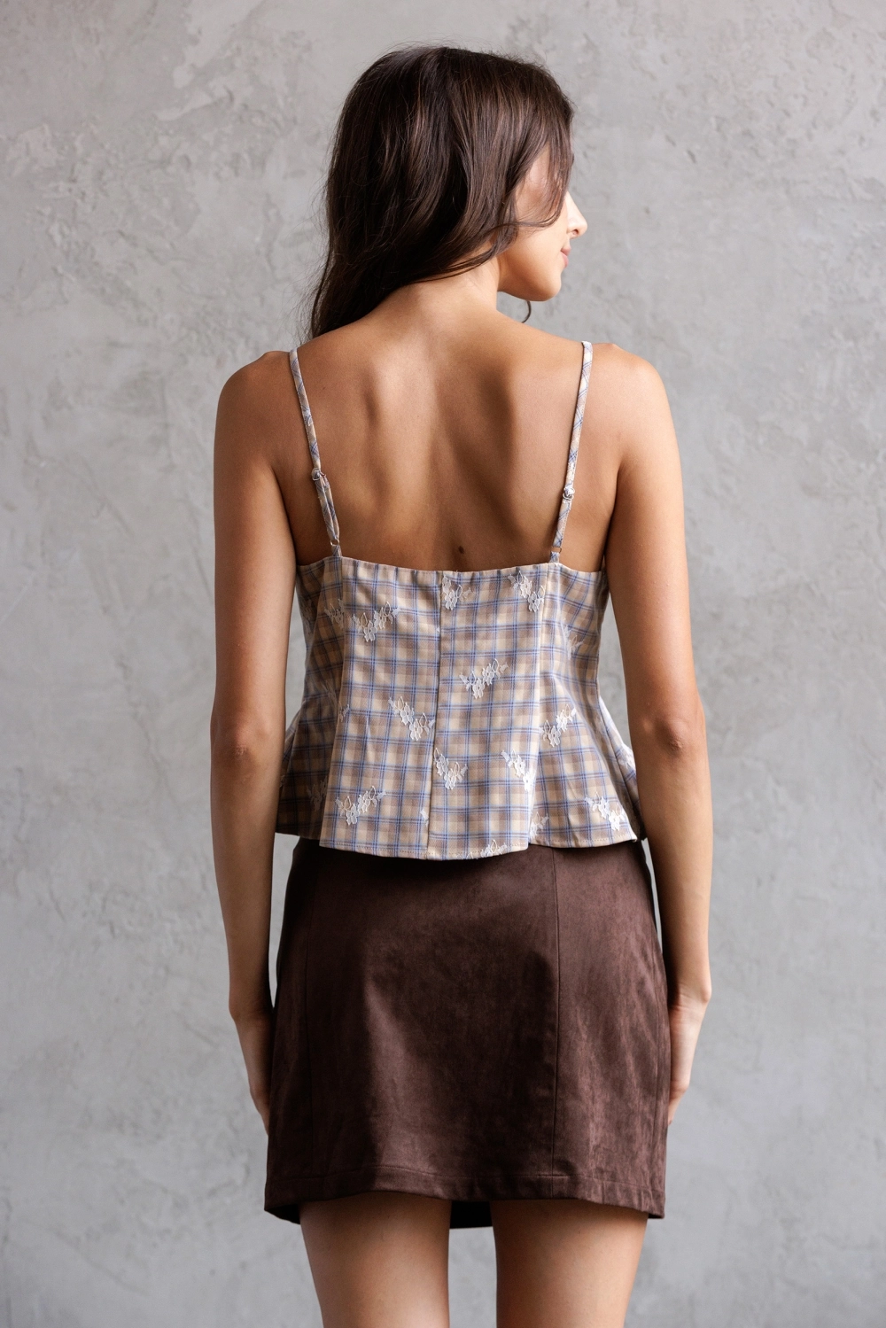 Floral Plaid Lace-Up Crop Top