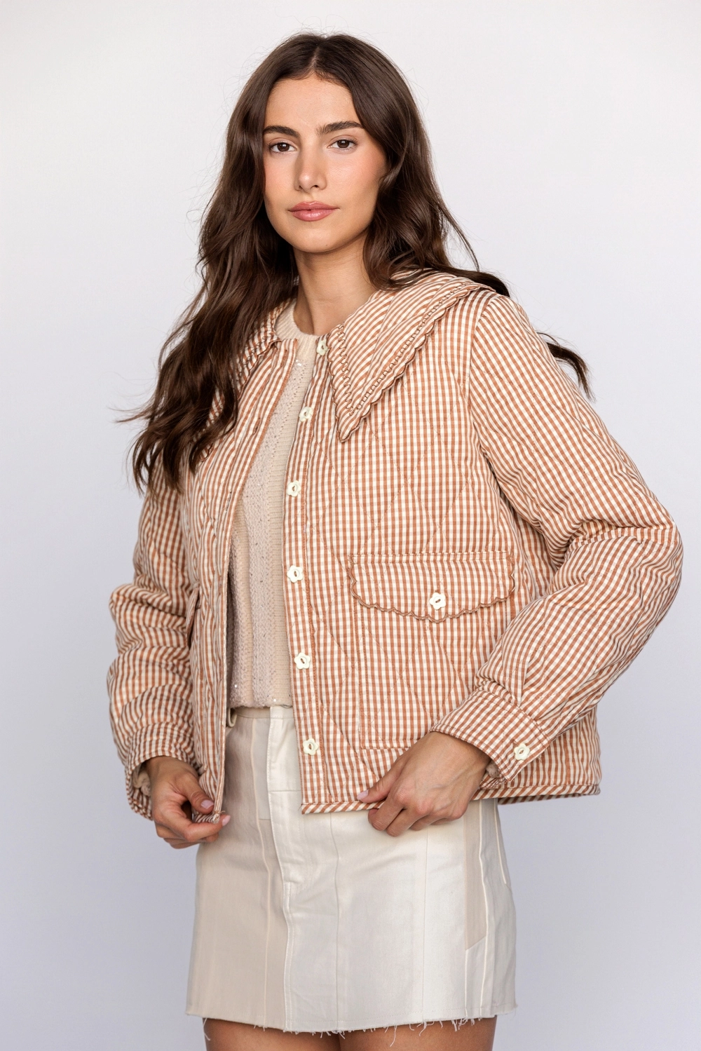 GINGHAM Quilted Jacket - Rust/Cream