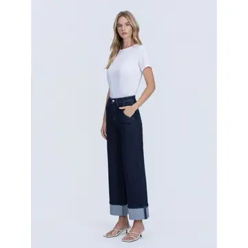 High Rise Dark Wash Cuffed Ankle Wide Leg Jeans - REVENUE