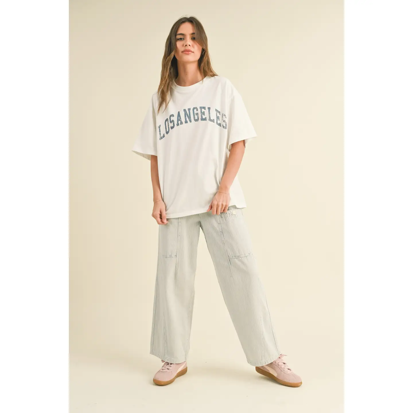 Stripe and Washed Effect Barrel Shape Pants