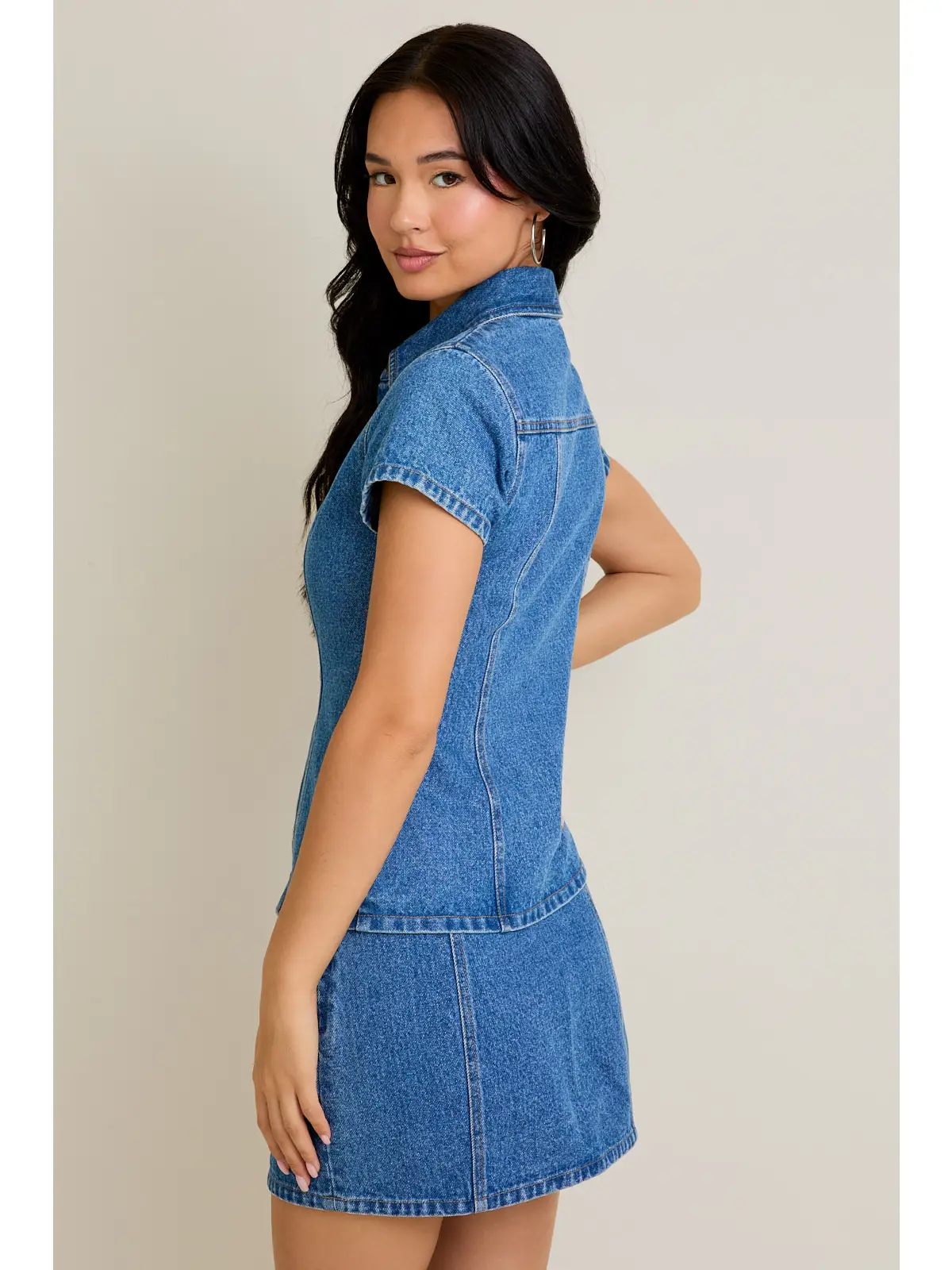 Short Sleeve Button Front Denim Top