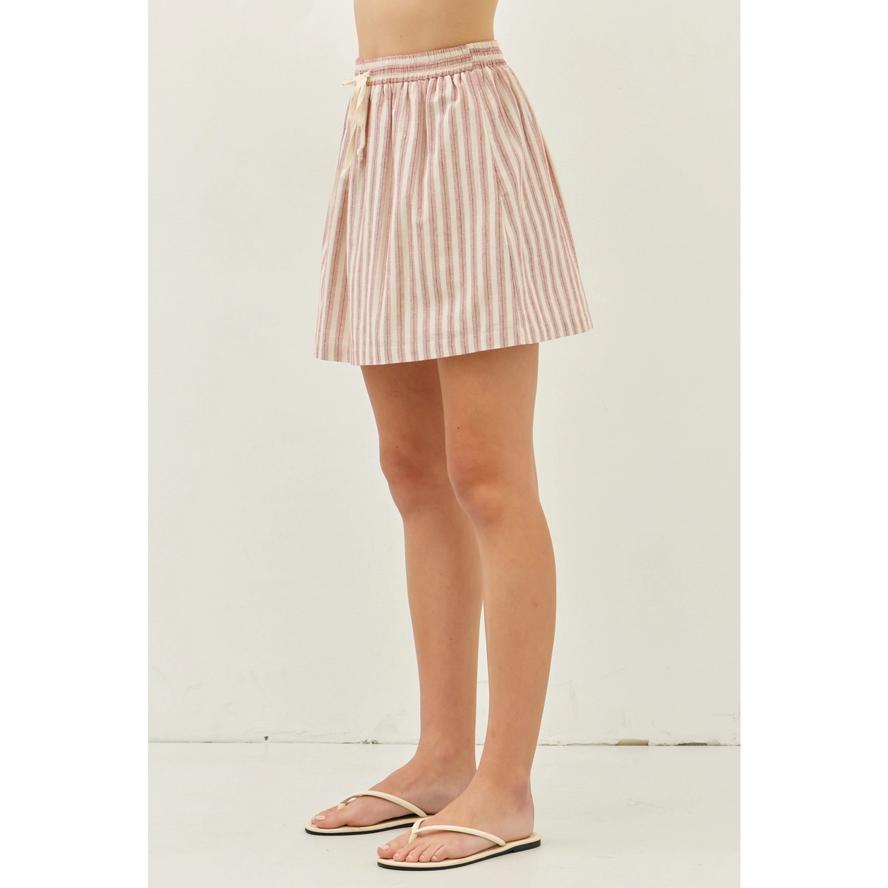 Stripe Mini Skirt with Elastic Band and Pockets - Red