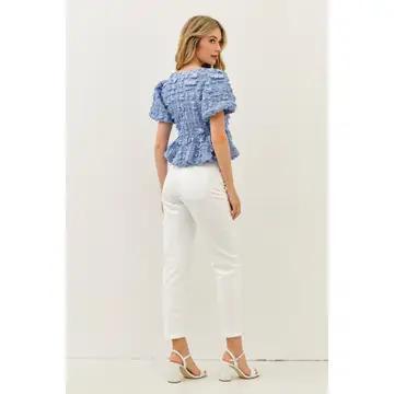 Bubble Babydoll Blouse with Textured Fabric and Contrast Bow - Lt. Blue