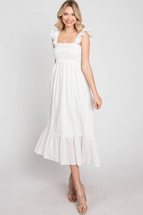 COTTON JACQUARD SMOCKED DRESS - WHITE