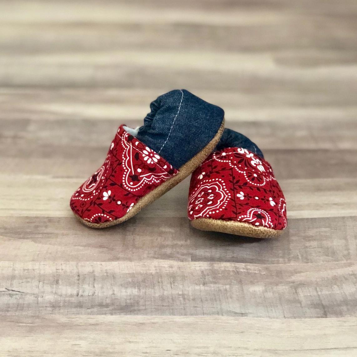 Red Paisley and Denim Moccasins