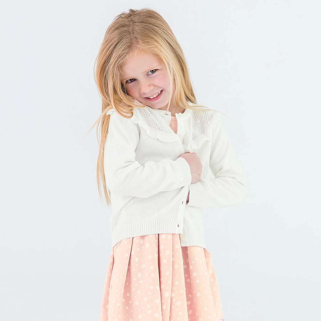 Girls Off-White Sweater Knit Ruffle Trim Cardigan - Off-White