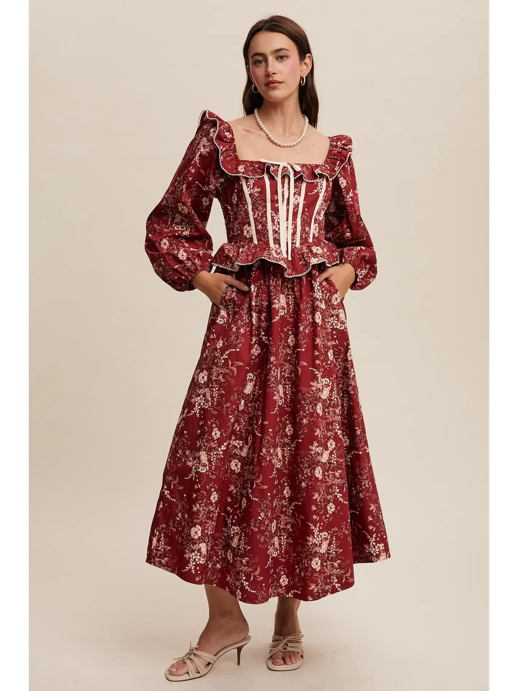 Floral Corset Ruffle Midi Dress - CRIMSON