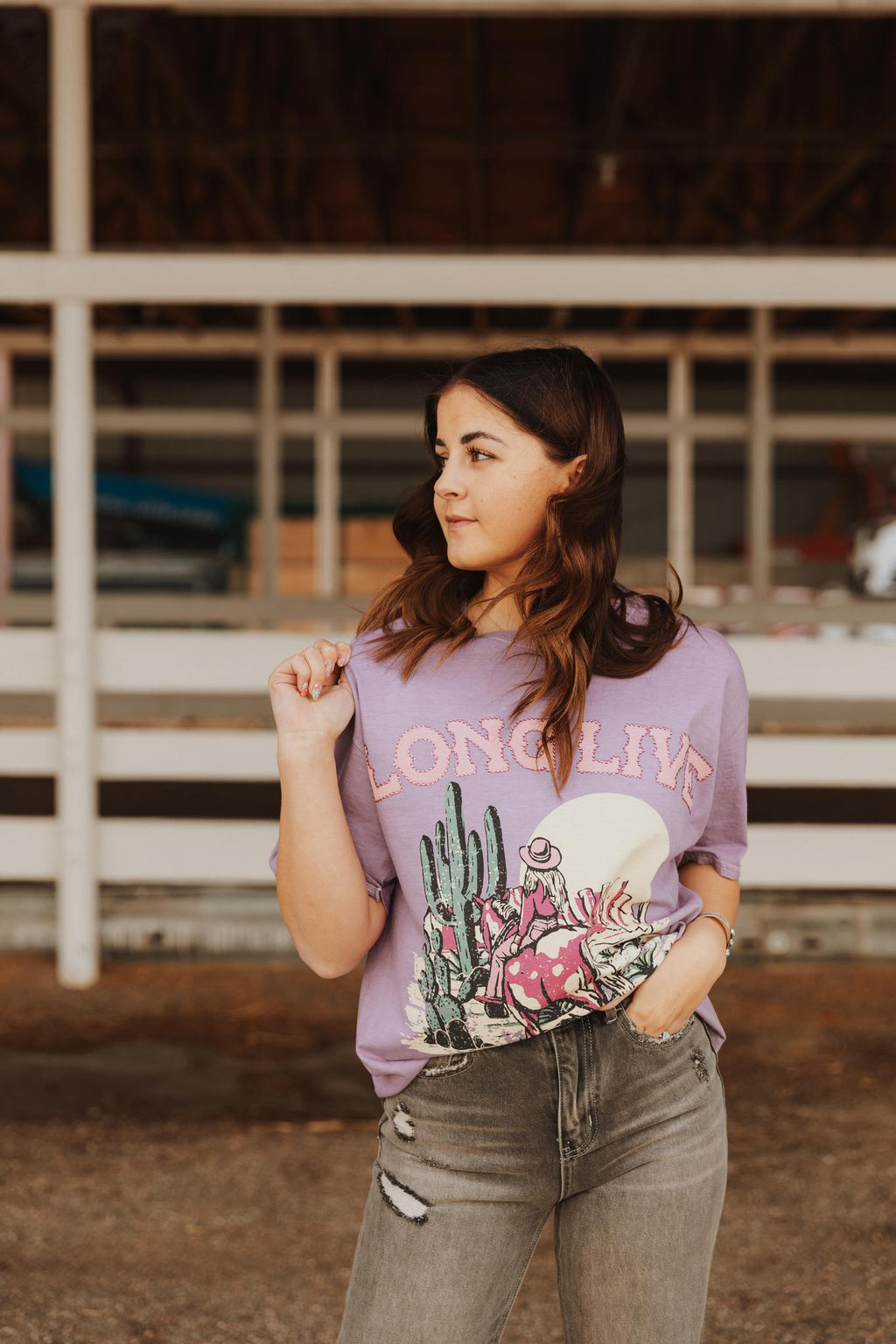 LONG LIVE COWGIRLS RHINESTONE WASHED GRAPHIC T-SHIRT - LAVENDER (OVERSIZED)