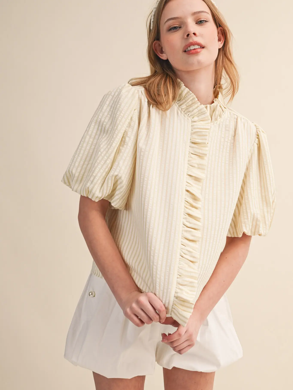 Striped Ruffled Button Down Top - LIGHT TAUPE