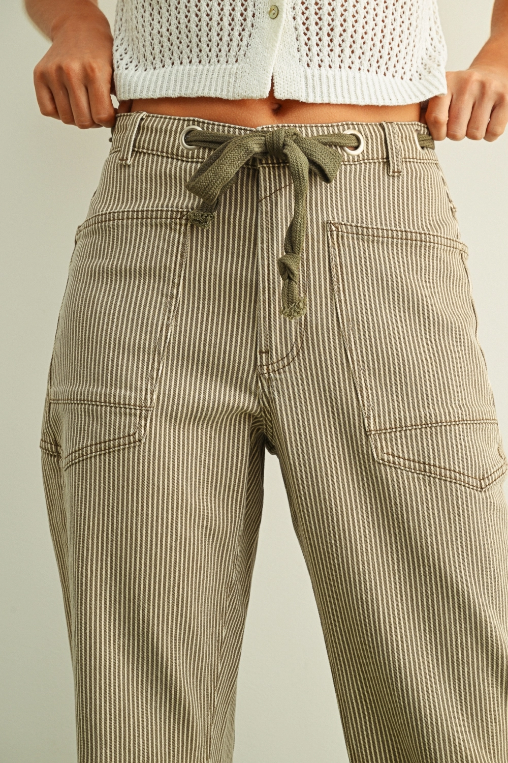 Striped Pattern Washed Barrel Pants with Belt - Olive