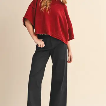 High Waist Wide Leg Pants with Whip Stitch Trim - BLACK