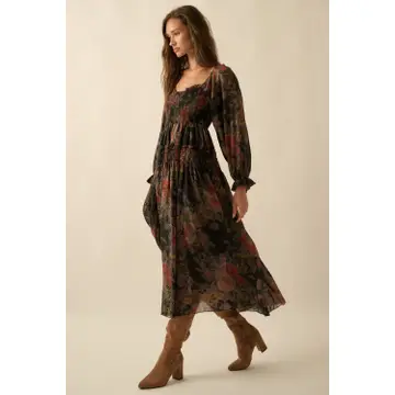 Floral-Print Smocked Bubble Sleeve Maxi Dress