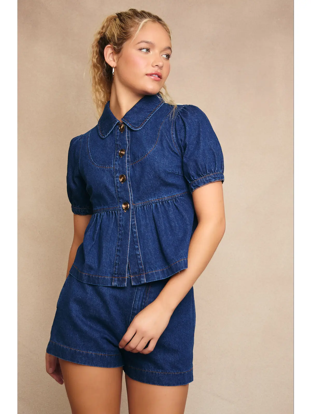 Peter Pan Collar Puff Sleeve Denim Top with Mid Rise Shorts