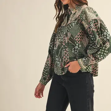 Mixed Patchwork Print Button Down Top - Green