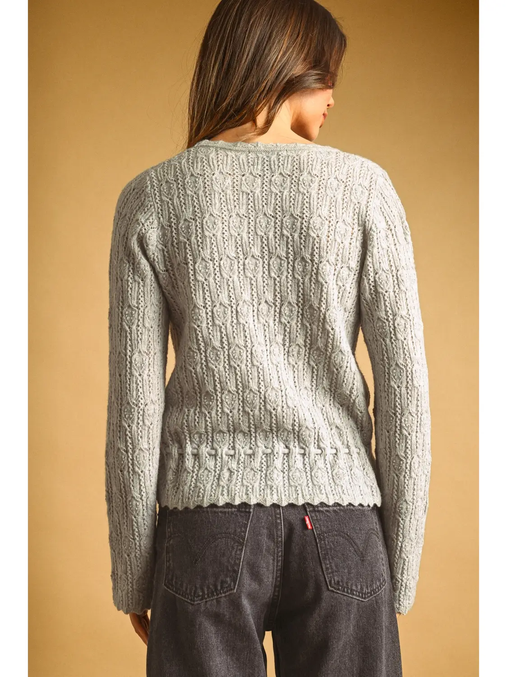 Lace Knit with Drawsting On Waist Knit Cardigan - LT GREY