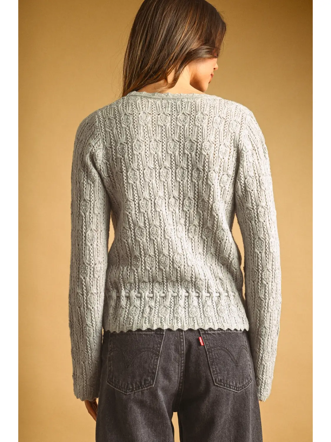 Lace Knit with Drawsting On Waist Knit Cardigan - LT GREY