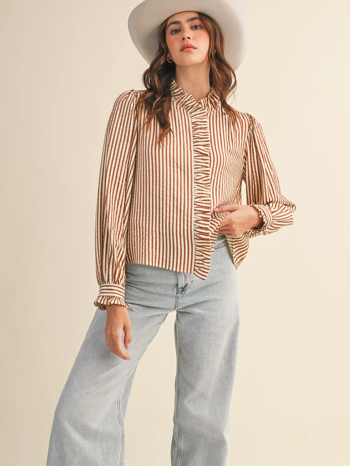 Striped Ruffled Button Down Long Sleeve Top - PECAN STRIPE