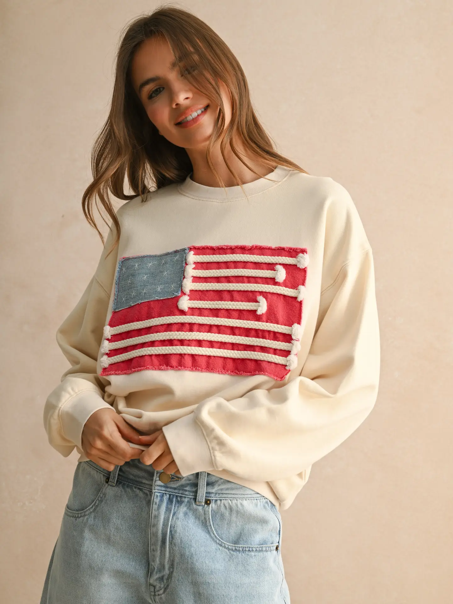 Flag Patch Front Detail Sweatshirts - Cream