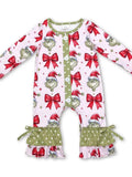 Red Bow Green Face Ruffle Baby Girls Christmas Romper