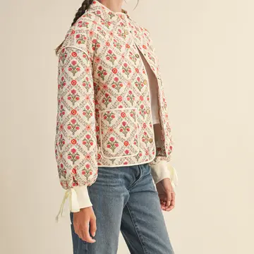 Floral Quilted Jacket with Ribbon Detail - IVORY RED