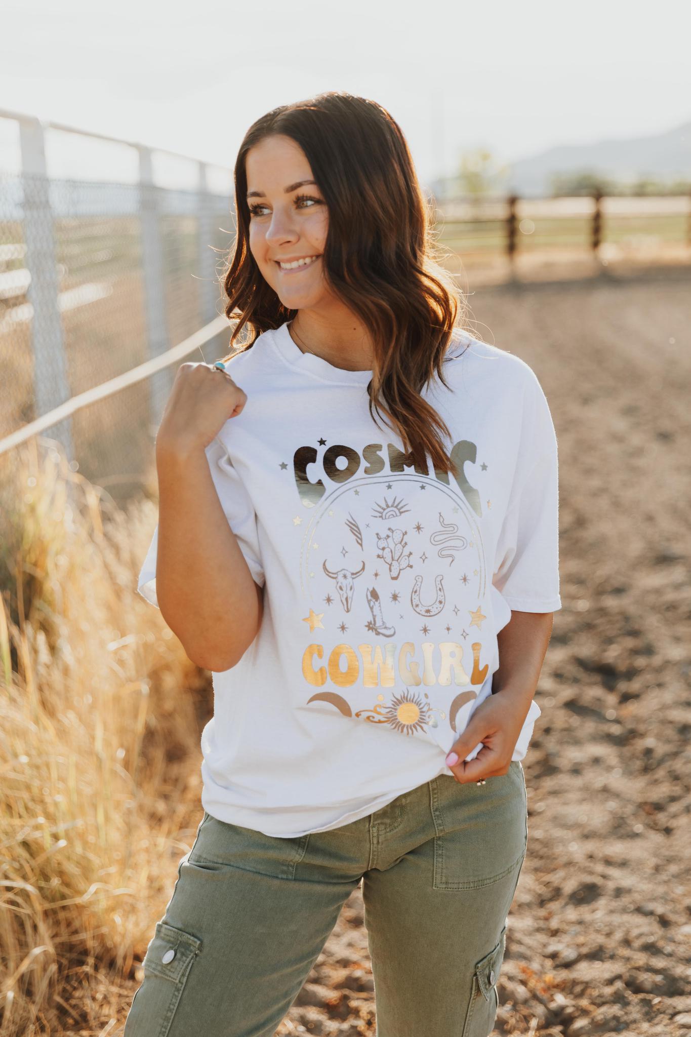 COSMIC COWGIRL FOIL GRAPHIC T-SHIRT - CREAM (OVERSIZED)