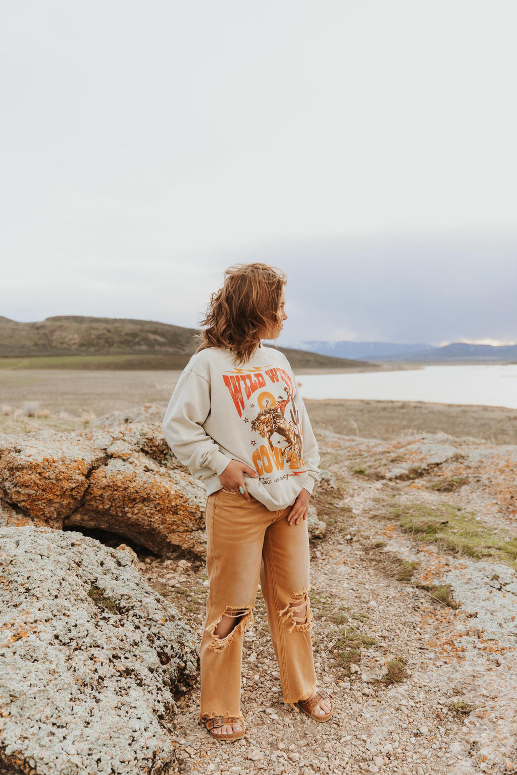 WILD WEST COWBOY LONG SLEEVE SWEATSHIRT - MINERAL OATMEAL