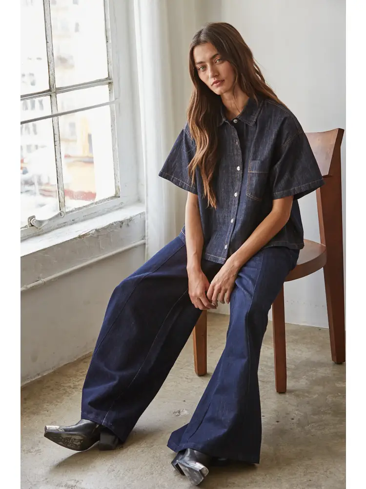 Denim Cotton Collar Button Down Short Sleeve Top