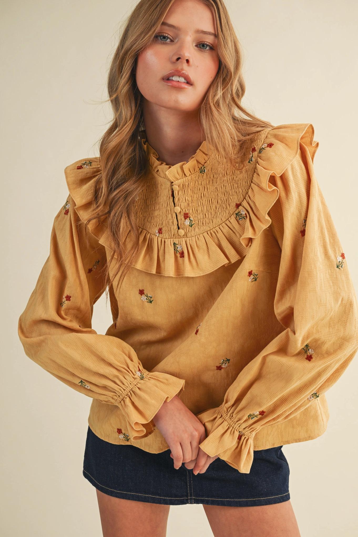 Ruffled Smocked Yoke Embroidered Blouse