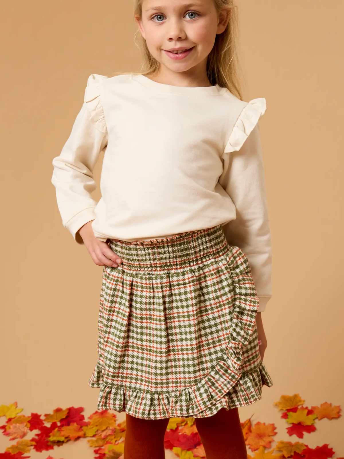 Girls Classic Dusty Olive Houndstooth Smocked Ruffle Skort