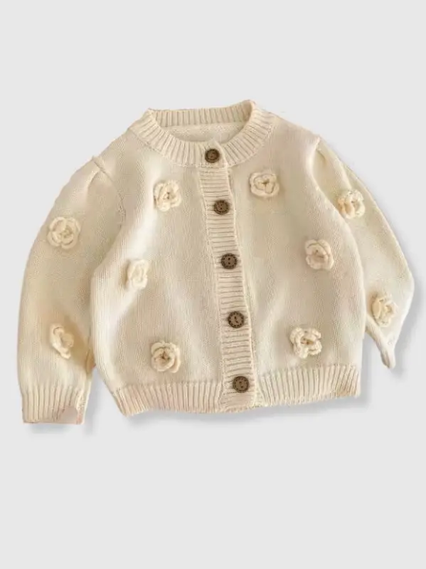 100% Cotton Knit Sweater Cardigan with Floral Detail - Cream